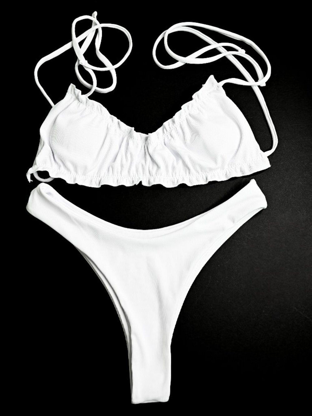 White Thong Bikini with Adjustable Bandeau Top with Padded Cups - Size Medium
